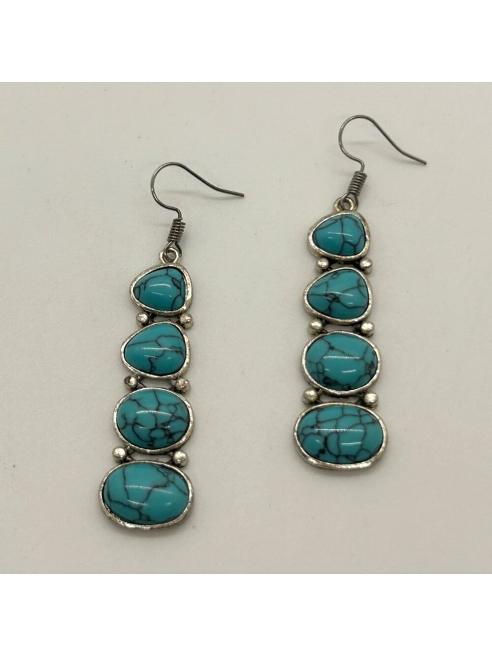 Boho Faux Turquoise Acrylic Dangle Earrings Silver Tone Western Southwest Drop J
